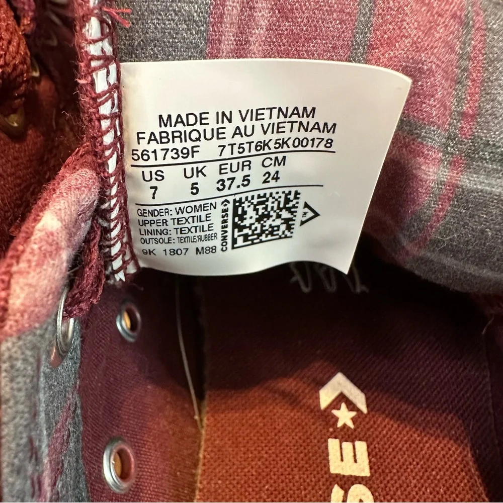 Converse Chuck Taylor All Star Madison Burgundy Plaid Sneakers‎ 561739F Womens 7 - Picture 6 of 7